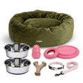 Girl Pink nine-piece puppy starter bundle with Leaf Green bed, two bowls, three pink KONG toys, Benebone wishbone and Daisy Chain collar and lead