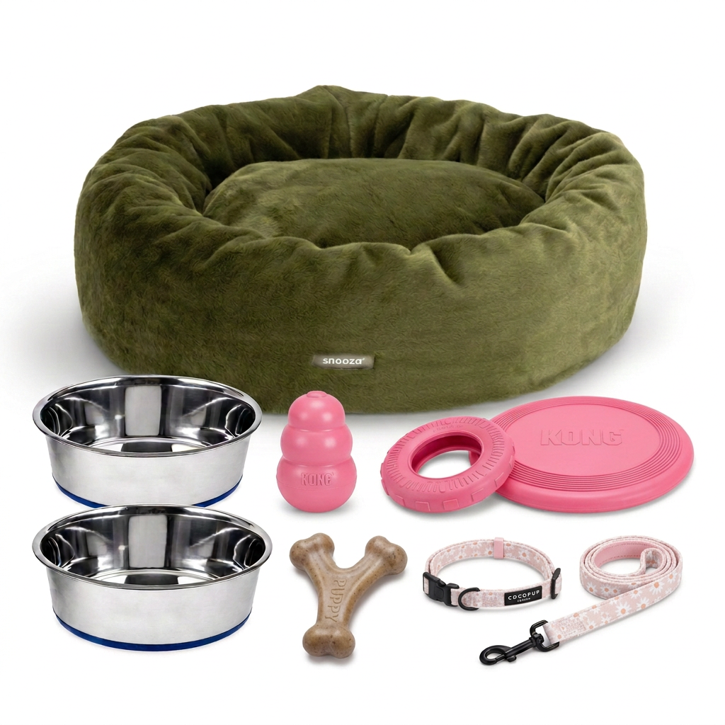 Girl Pink nine-piece puppy starter bundle with Leaf Green bed, two bowls, three pink KONG toys, Benebone wishbone and Daisy Chain collar and lead